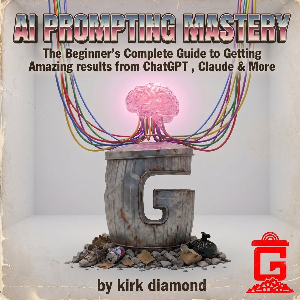 AI Prompting Mastery by Kirk Diamond — retro collector cover with pink brain wired to the G trash can and the red G.S.A. logo