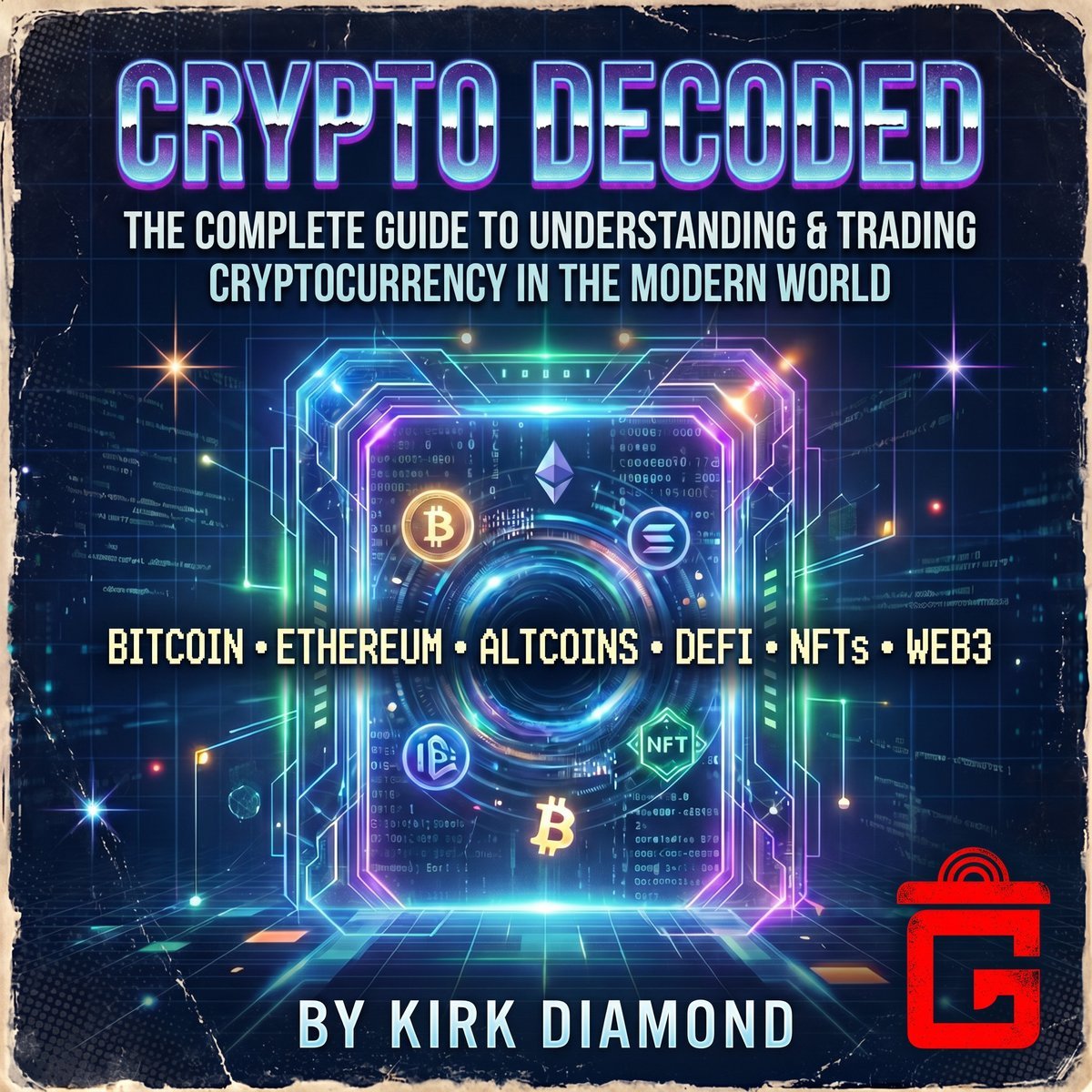 Crypto Decoded by Kirk Diamond — retro collector cover with chrome vaporwave title, neon blockchain vault, and the red G.S.A. logo