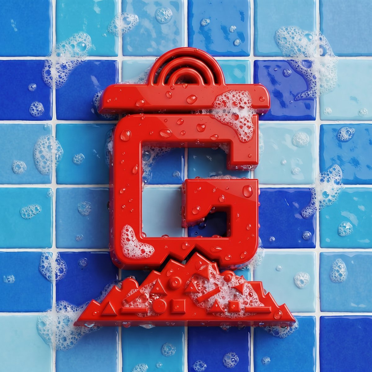 Red G.S.A. trash can logo covered in soap suds and water drops against clean blue bathroom tiles