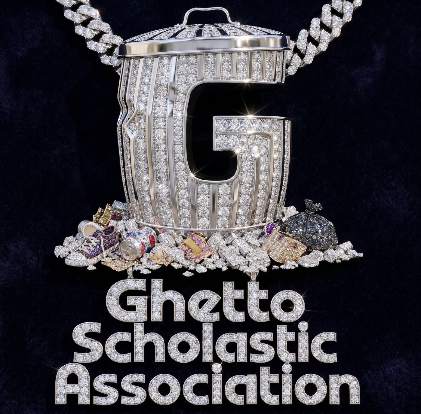 Diamond-encrusted pendant of the Ghetto Scholastic Association G logo on a chain