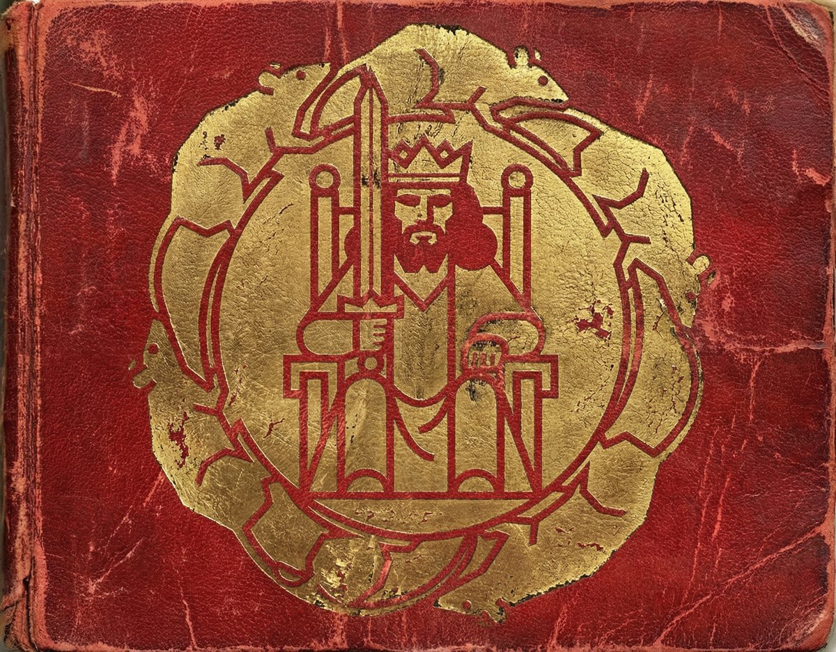 The King's Manual — red leather book cover with gold-leaf emblem of a crowned king on a throne, encircled by rats