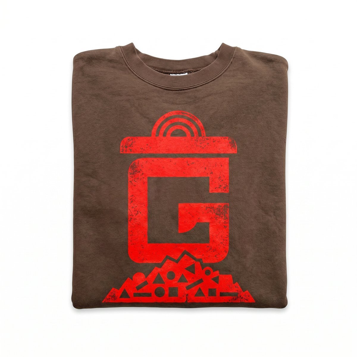 Chocolate brown crewneck sweatshirt with red Ghetto Scholastic Association G logo