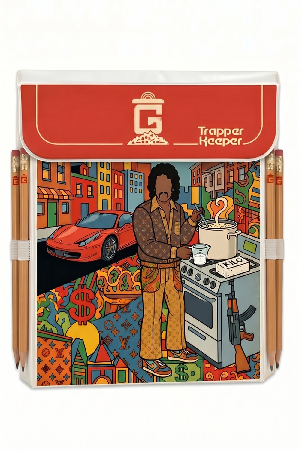 G.S.A. Trapper Keeper binder — red flap with the retro G logo, full psychedelic street illustration, and four G-branded pencils