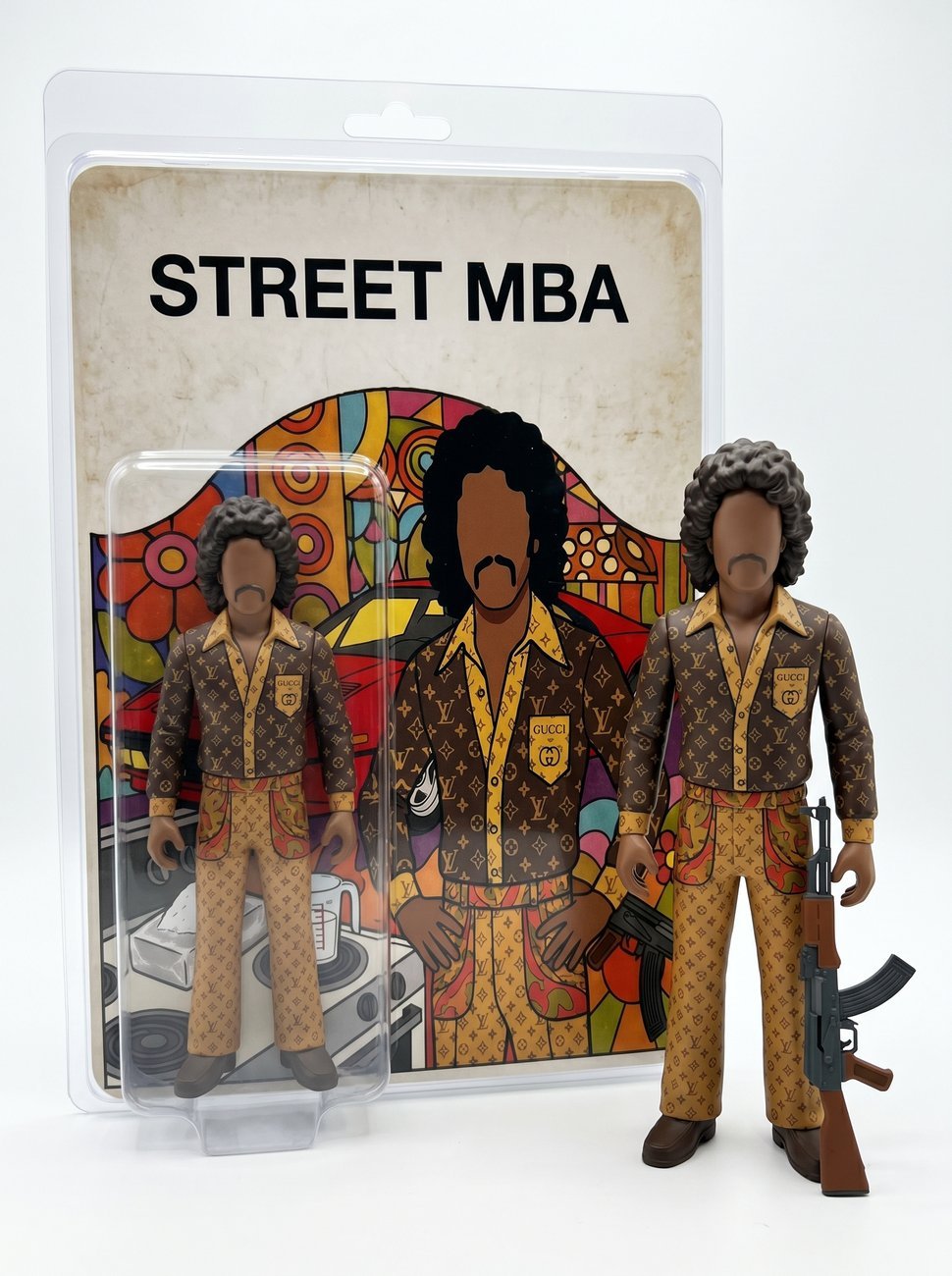 Street MBA limited edition vinyl action figure in blister card packaging — the Trap Economics character in his monogram suit